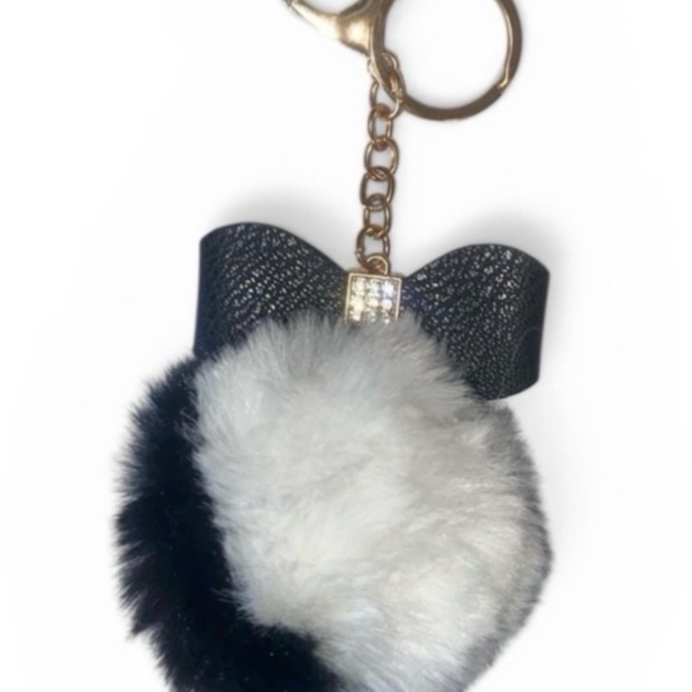 Black White Faux Fur Pom Pom Keychain Crystal Bow - Picture 2 of 2